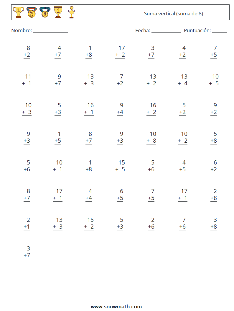 (50) Suma vertical (suma de 8) Hojas de trabajo de matemáticas 12