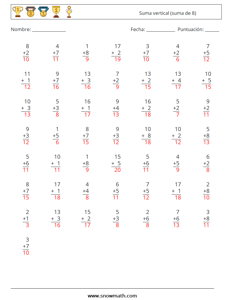 (50) Suma vertical (suma de 8) Hojas de trabajo de matemáticas 12 Pregunta, respuesta