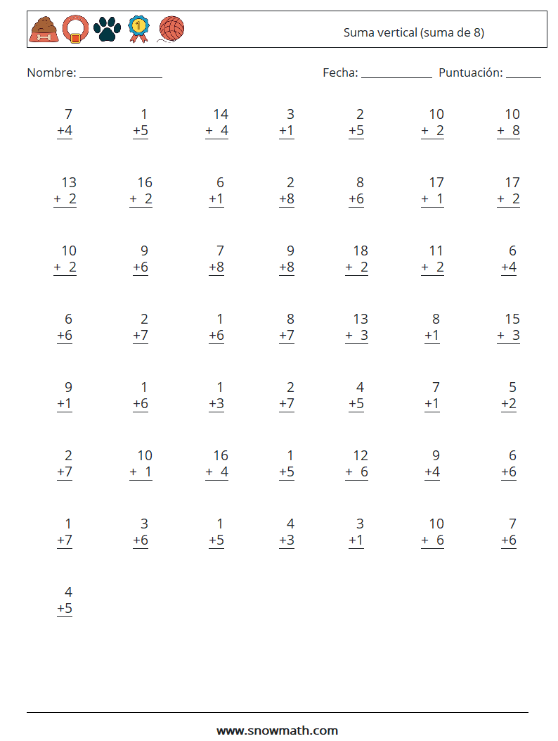 (50) Suma vertical (suma de 8) Hojas de trabajo de matemáticas 13
