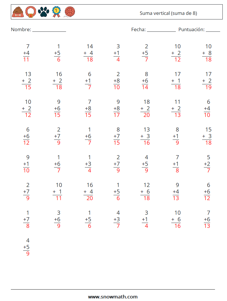 (50) Suma vertical (suma de 8) Hojas de trabajo de matemáticas 13 Pregunta, respuesta