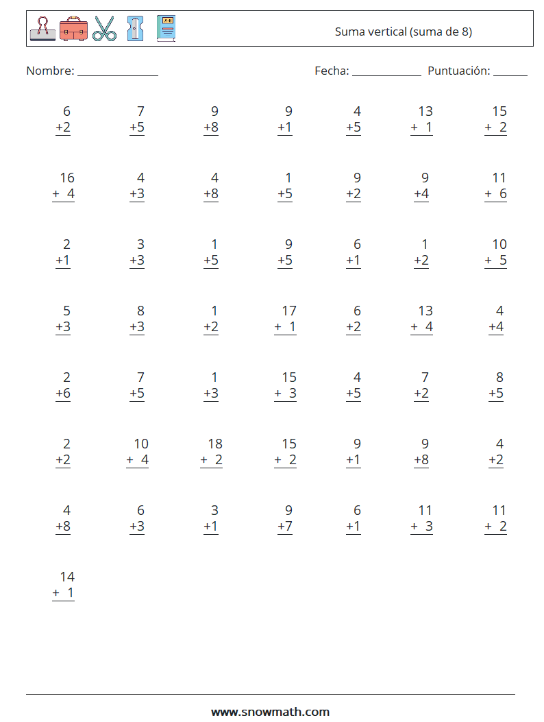 (50) Suma vertical (suma de 8) Hojas de trabajo de matemáticas 15