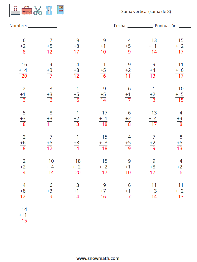 (50) Suma vertical (suma de 8) Hojas de trabajo de matemáticas 15 Pregunta, respuesta