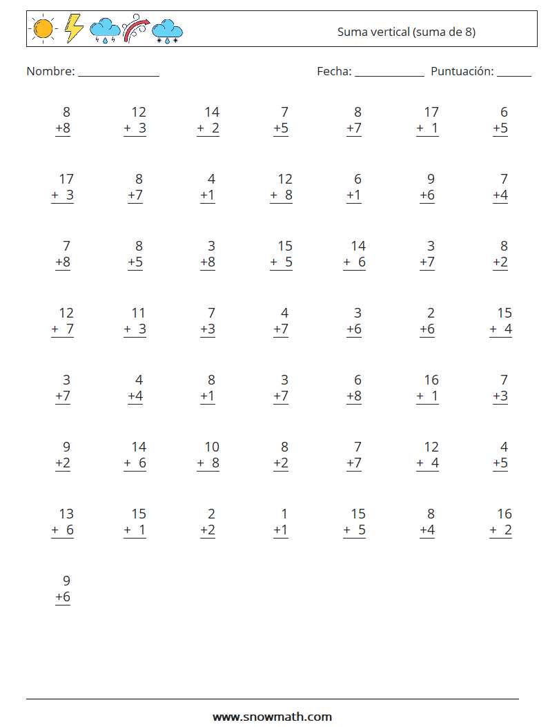 (50) Suma vertical (suma de 8) Hojas de trabajo de matemáticas 17