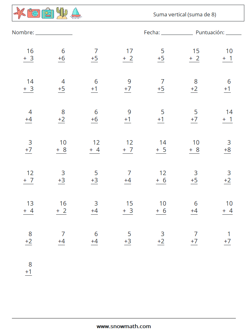 (50) Suma vertical (suma de 8) Hojas de trabajo de matemáticas 18