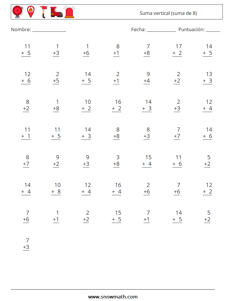 (50) Suma vertical (suma de 8) Hojas de trabajo de matemáticas 2
