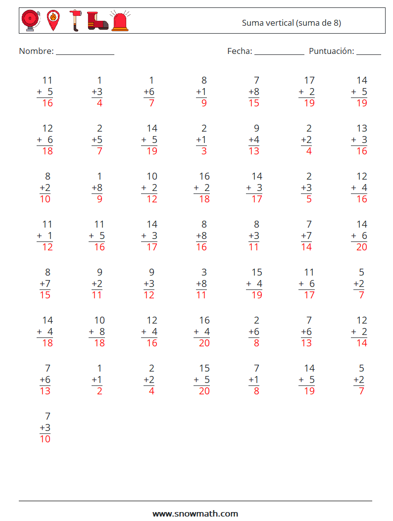 (50) Suma vertical (suma de 8) Hojas de trabajo de matemáticas 2 Pregunta, respuesta