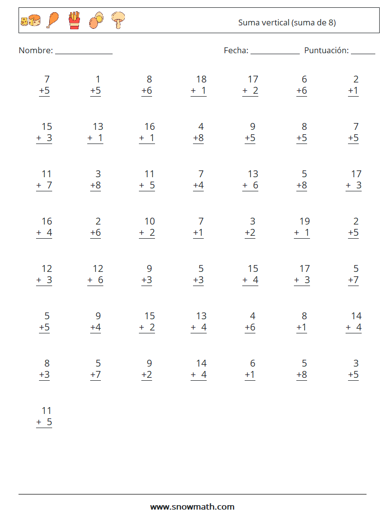 (50) Suma vertical (suma de 8) Hojas de trabajo de matemáticas 3