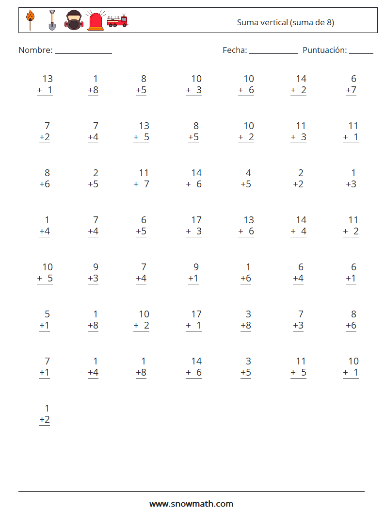 (50) Suma vertical (suma de 8) Hojas de trabajo de matemáticas 5