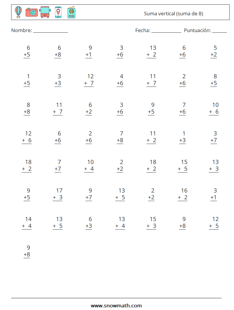 (50) Suma vertical (suma de 8) Hojas de trabajo de matemáticas 6