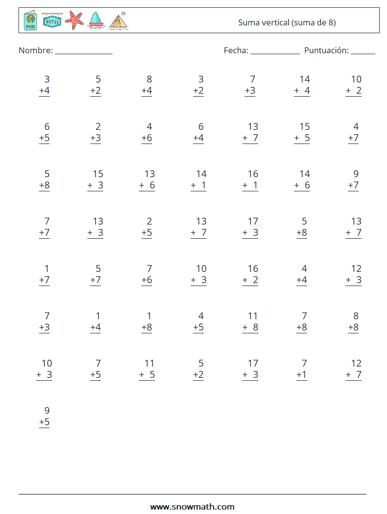 (50) Suma vertical (suma de 8) Hojas de trabajo de matemáticas 7