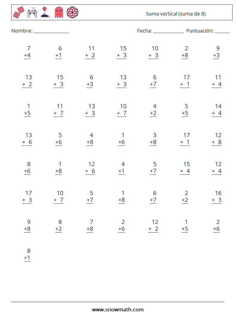 (50) Suma vertical (suma de 8) Hojas de trabajo de matemáticas 9