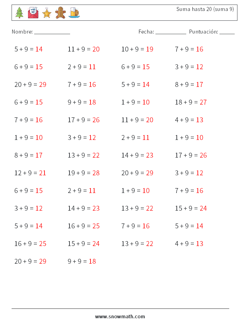 (50) Suma hasta 20 (suma 9) Hojas de trabajo de matemáticas 1 Pregunta, respuesta