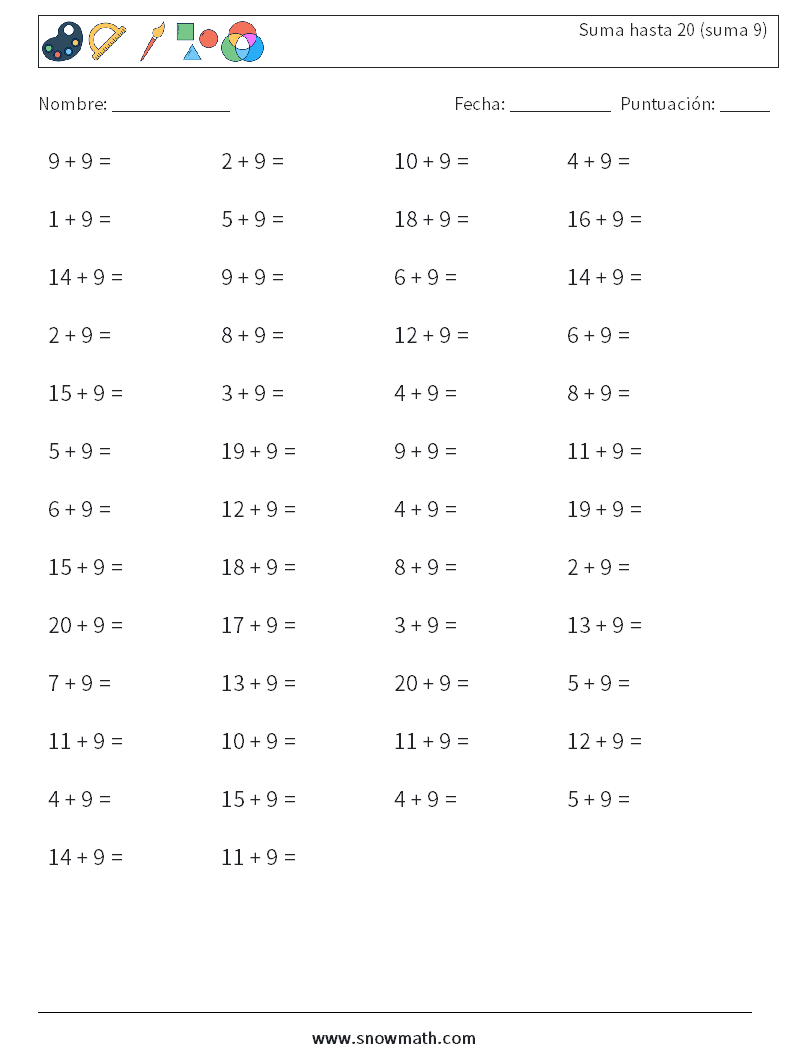 (50) Suma hasta 20 (suma 9) Hojas de trabajo de matemáticas 3