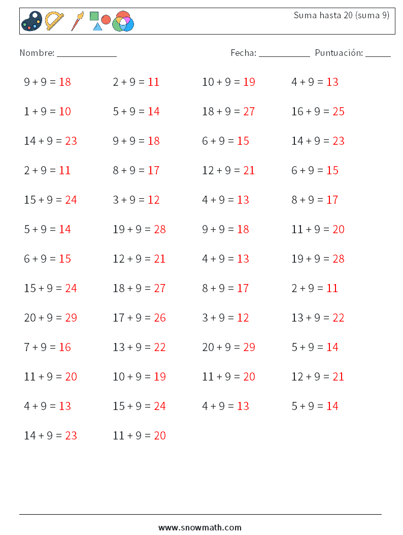 (50) Suma hasta 20 (suma 9) Hojas de trabajo de matemáticas 3 Pregunta, respuesta