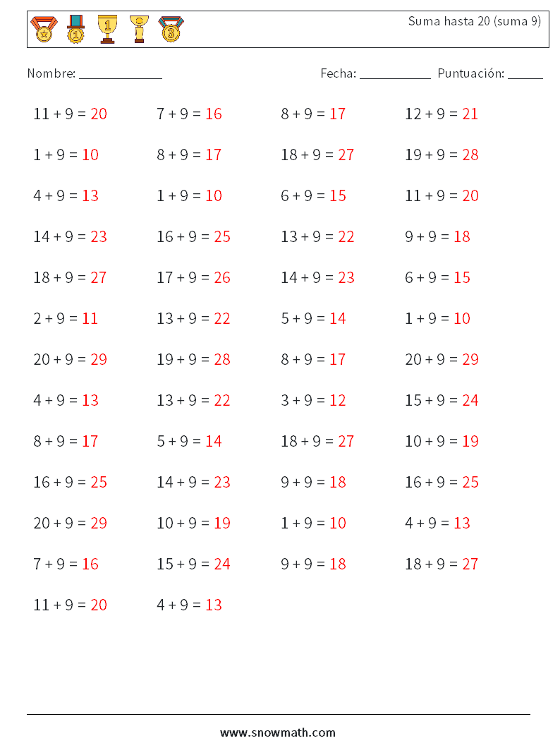 (50) Suma hasta 20 (suma 9) Hojas de trabajo de matemáticas 4 Pregunta, respuesta