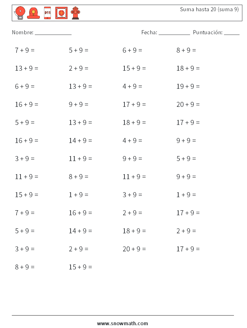 (50) Suma hasta 20 (suma 9) Hojas de trabajo de matemáticas 5