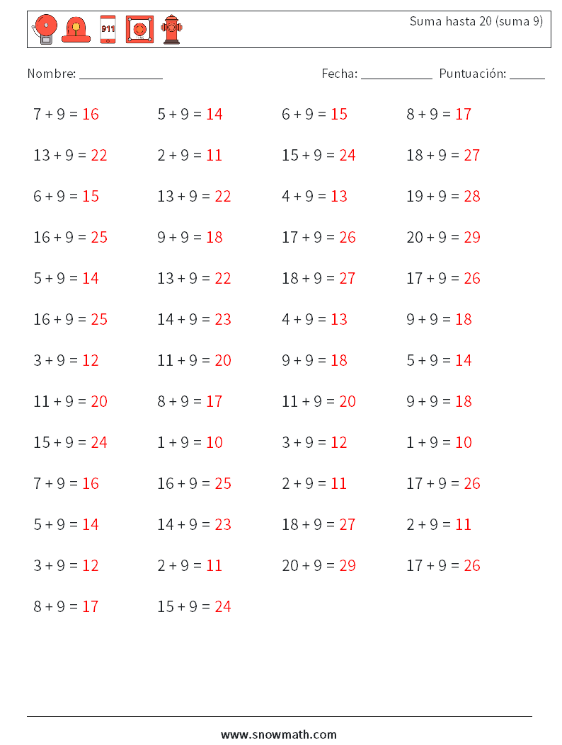 (50) Suma hasta 20 (suma 9) Hojas de trabajo de matemáticas 5 Pregunta, respuesta