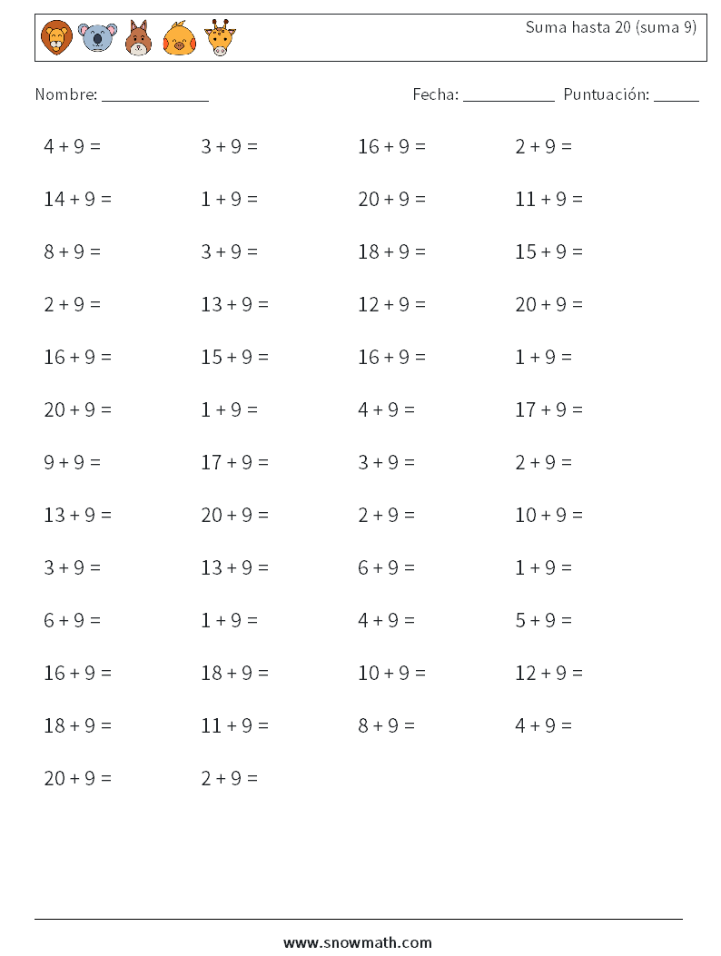 (50) Suma hasta 20 (suma 9) Hojas de trabajo de matemáticas 6