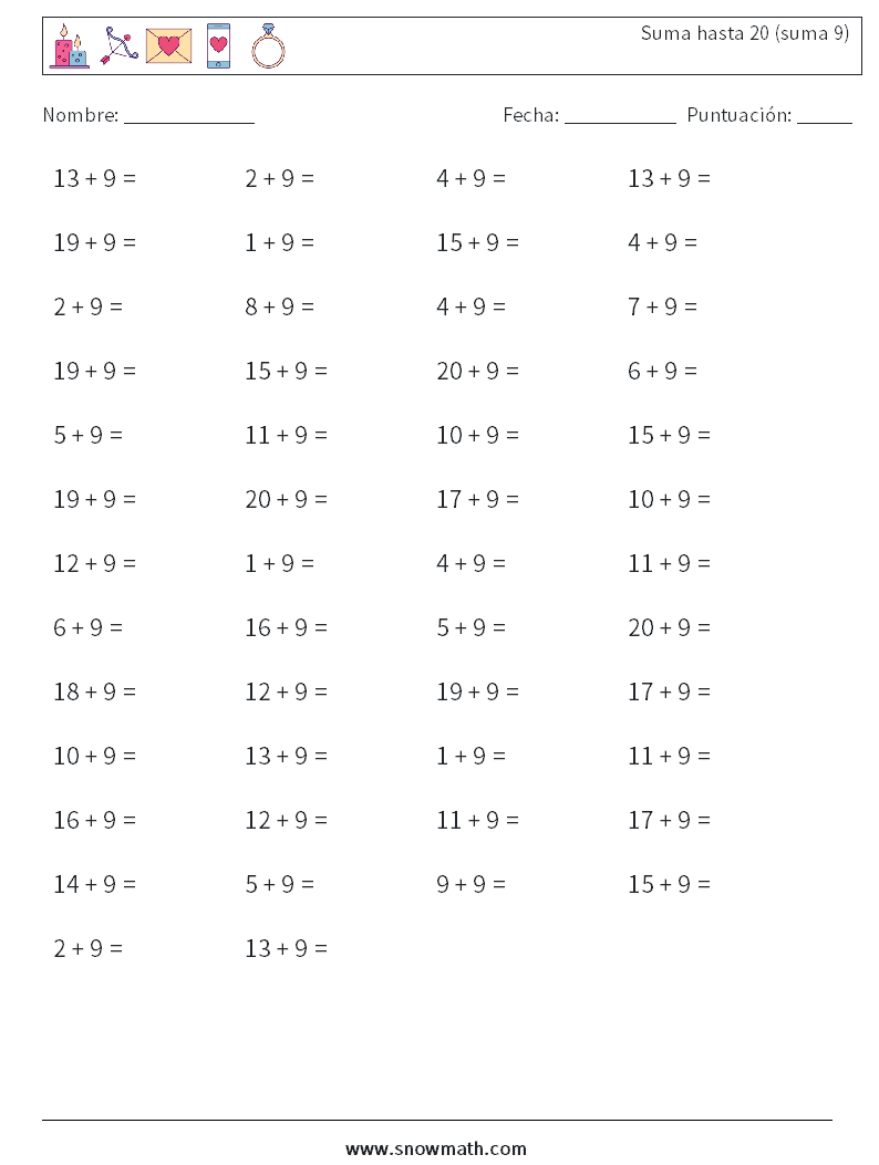(50) Suma hasta 20 (suma 9) Hojas de trabajo de matemáticas 8