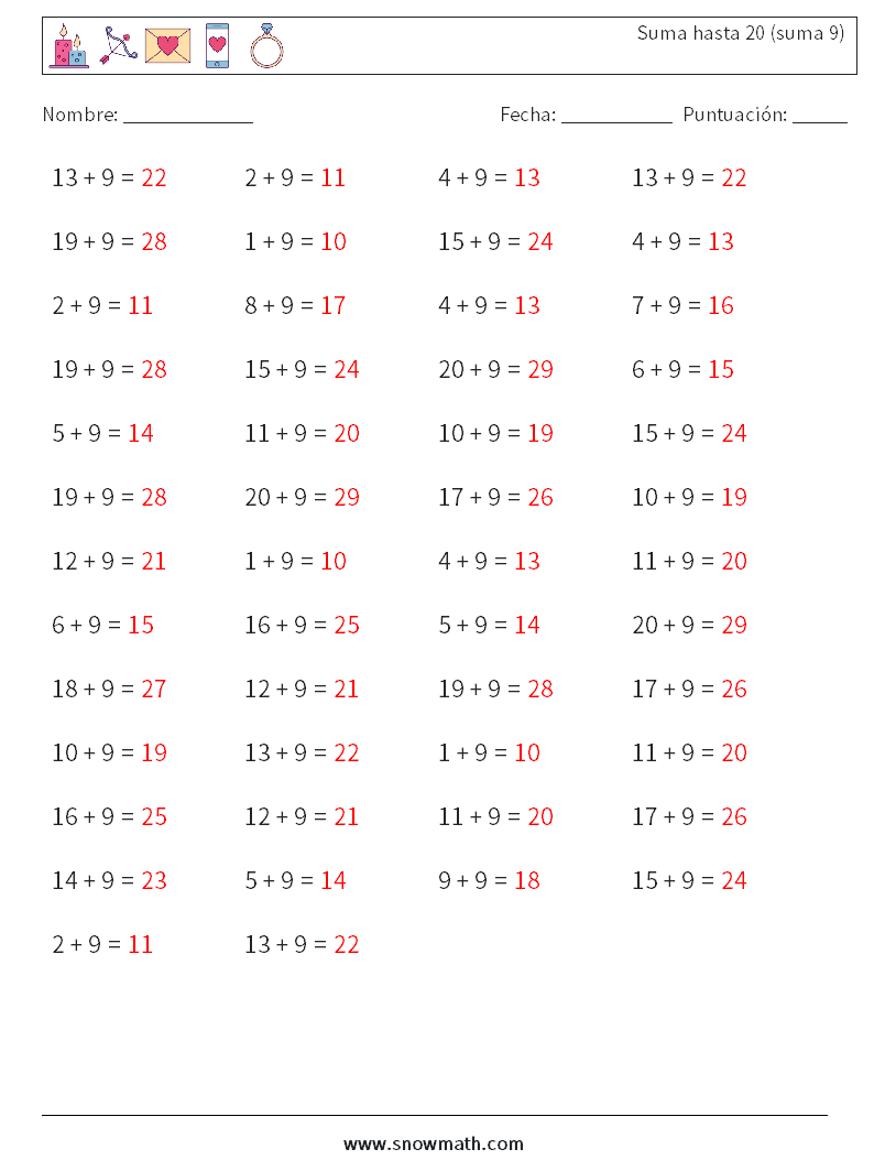 (50) Suma hasta 20 (suma 9) Hojas de trabajo de matemáticas 8 Pregunta, respuesta