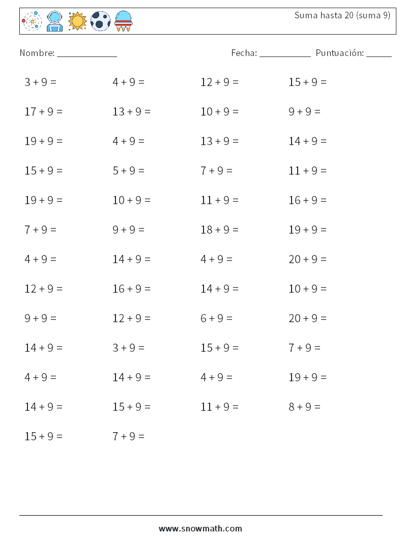 (50) Suma hasta 20 (suma 9) Hojas de trabajo de matemáticas 9