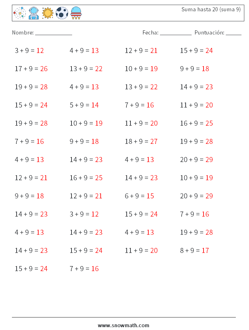 (50) Suma hasta 20 (suma 9) Hojas de trabajo de matemáticas 9 Pregunta, respuesta