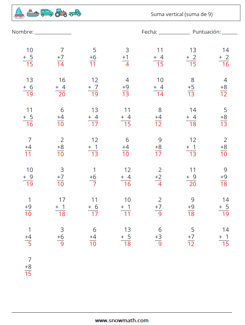 (50) Suma vertical (suma de 9) Hojas de trabajo de matemáticas 10 Pregunta, respuesta