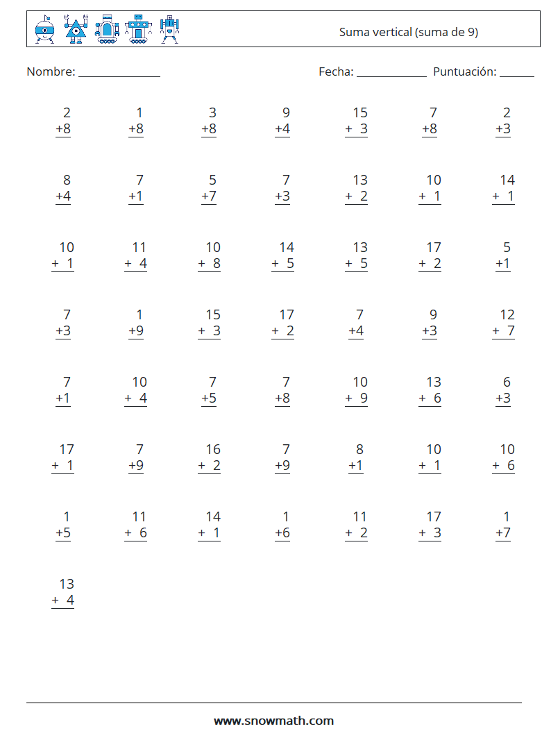 (50) Suma vertical (suma de 9) Hojas de trabajo de matemáticas 11