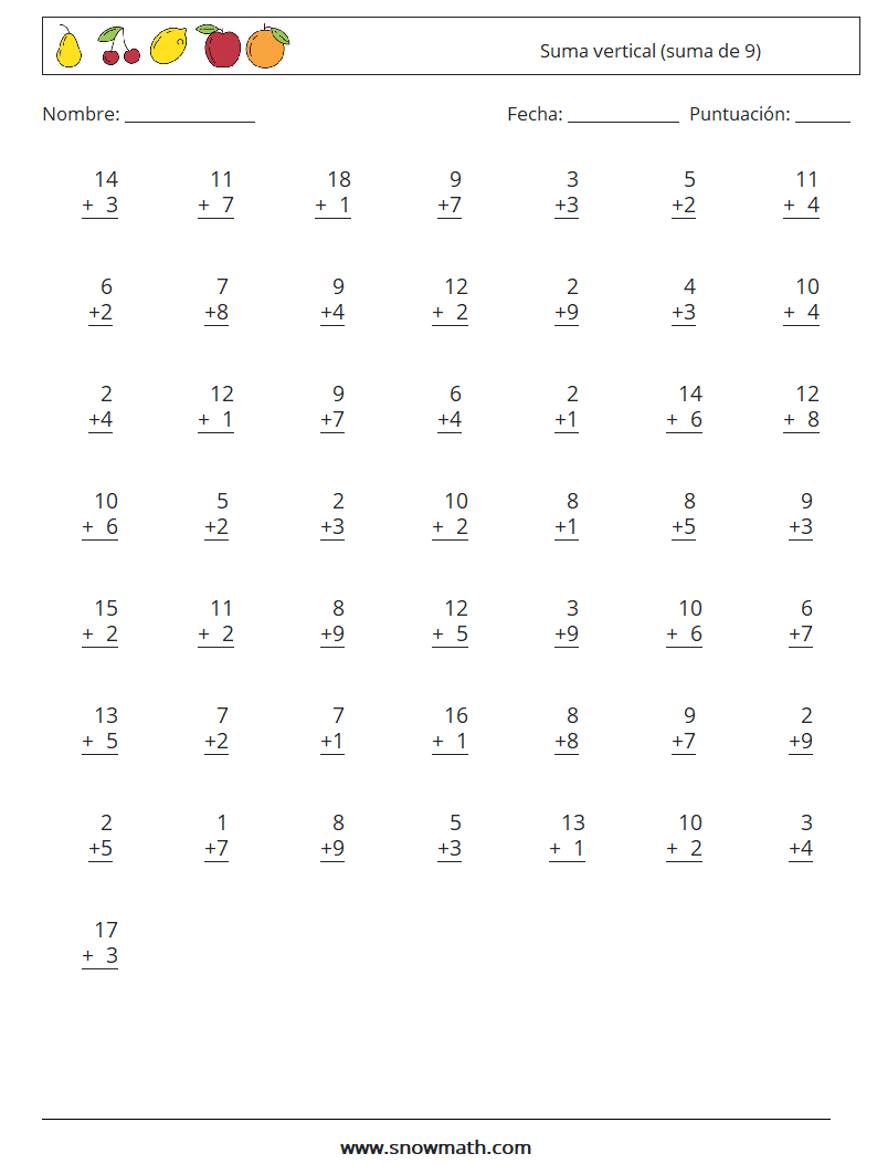 (50) Suma vertical (suma de 9) Hojas de trabajo de matemáticas 13