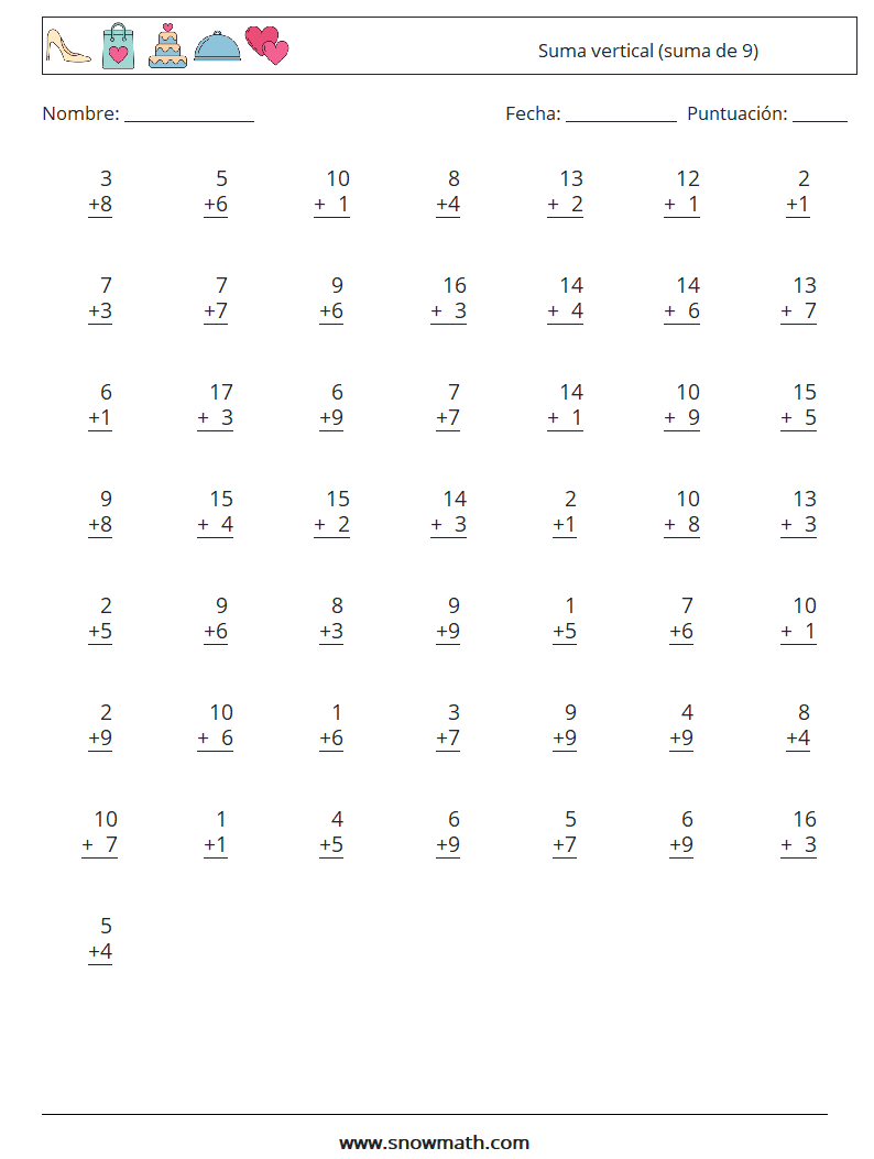 (50) Suma vertical (suma de 9) Hojas de trabajo de matemáticas 14