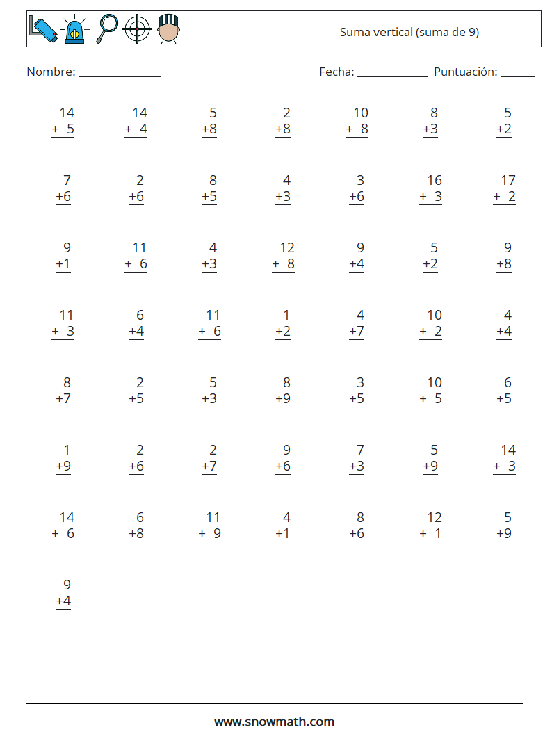 (50) Suma vertical (suma de 9) Hojas de trabajo de matemáticas 15