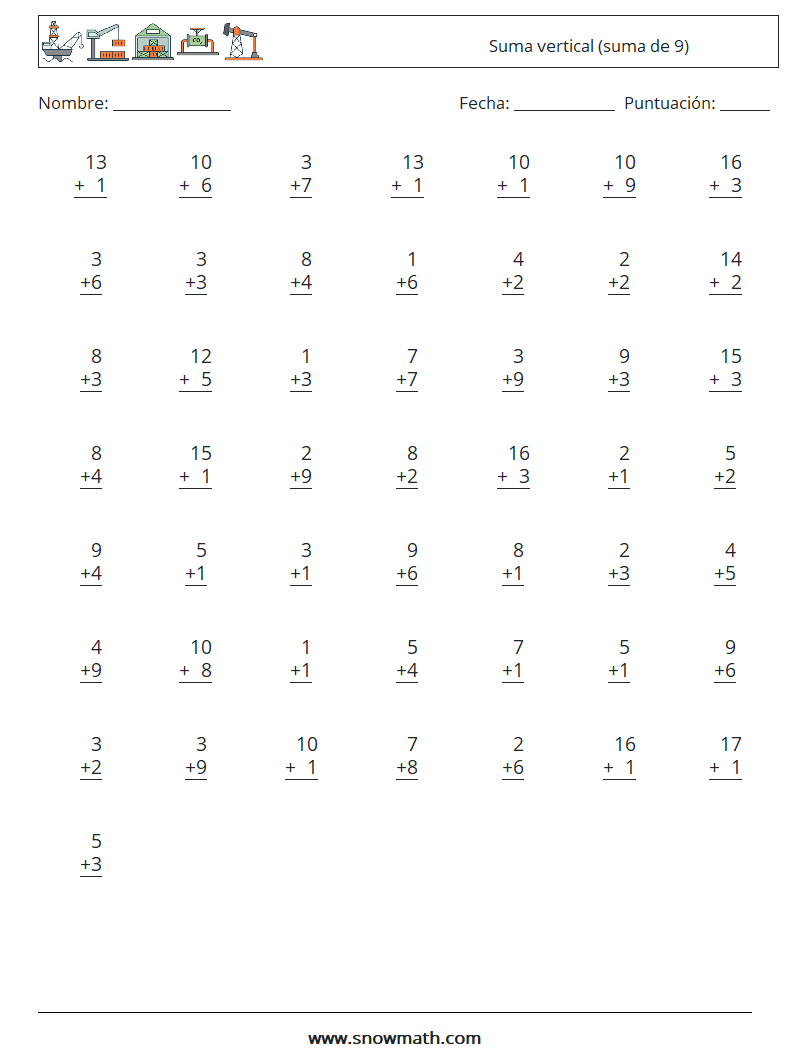 (50) Suma vertical (suma de 9) Hojas de trabajo de matemáticas 16