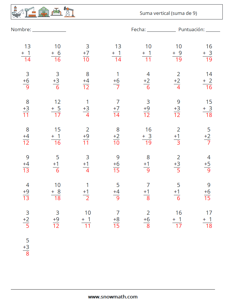 (50) Suma vertical (suma de 9) Hojas de trabajo de matemáticas 16 Pregunta, respuesta