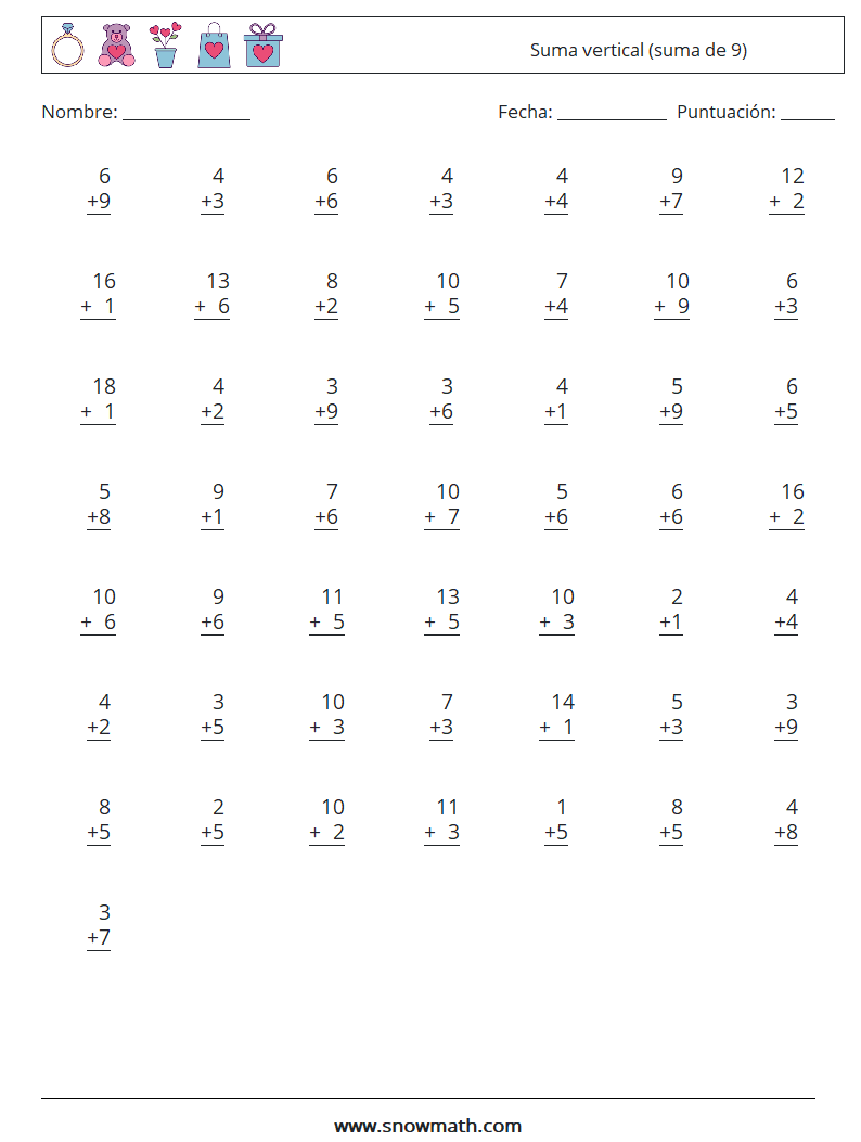 (50) Suma vertical (suma de 9) Hojas de trabajo de matemáticas 17