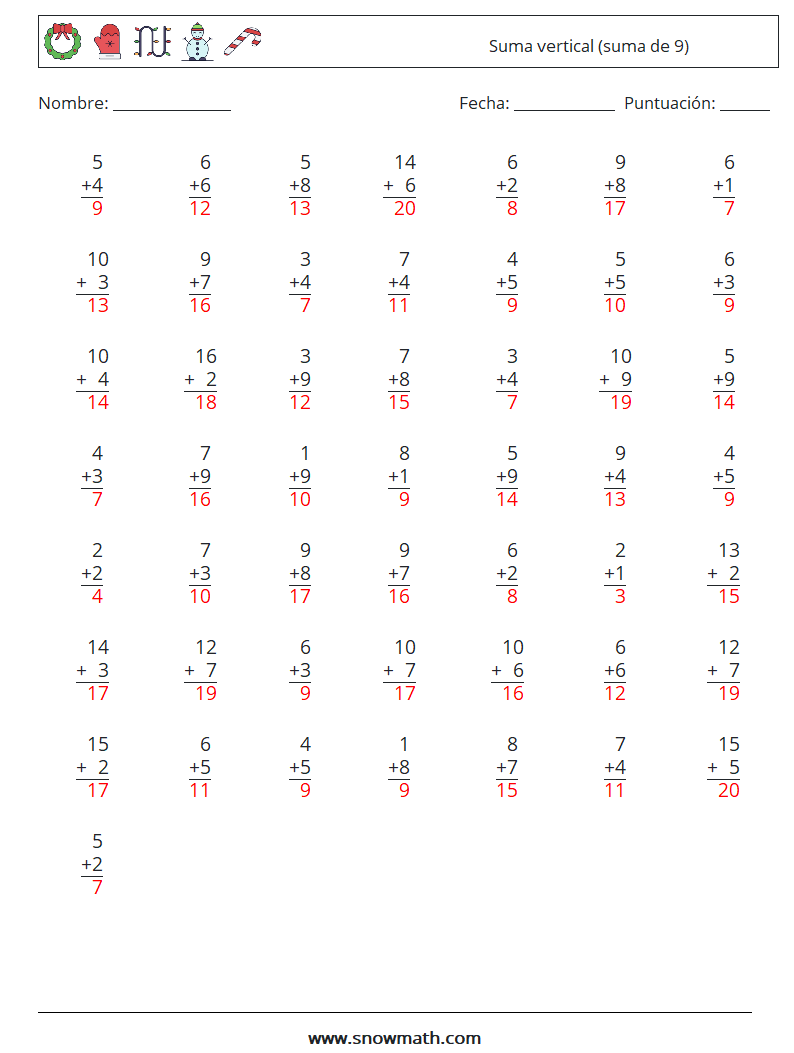 (50) Suma vertical (suma de 9) Hojas de trabajo de matemáticas 18 Pregunta, respuesta