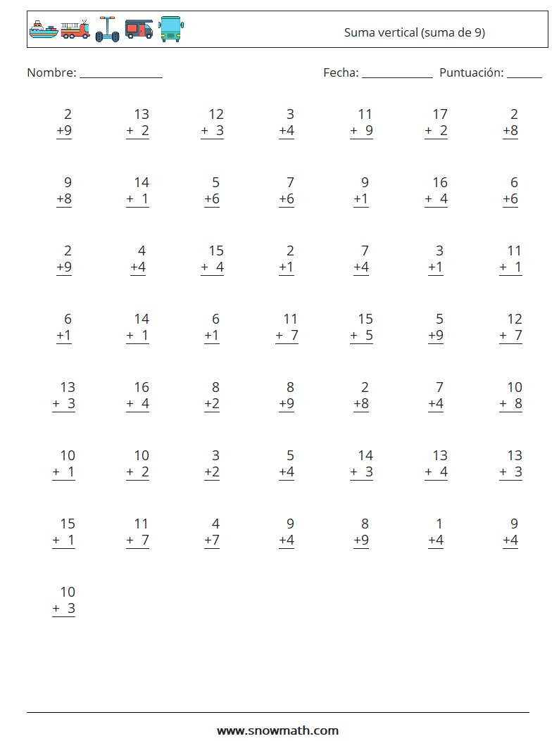 (50) Suma vertical (suma de 9) Hojas de trabajo de matemáticas 2