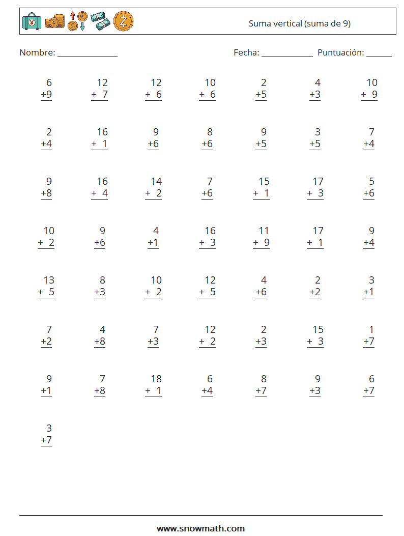 (50) Suma vertical (suma de 9) Hojas de trabajo de matemáticas 3