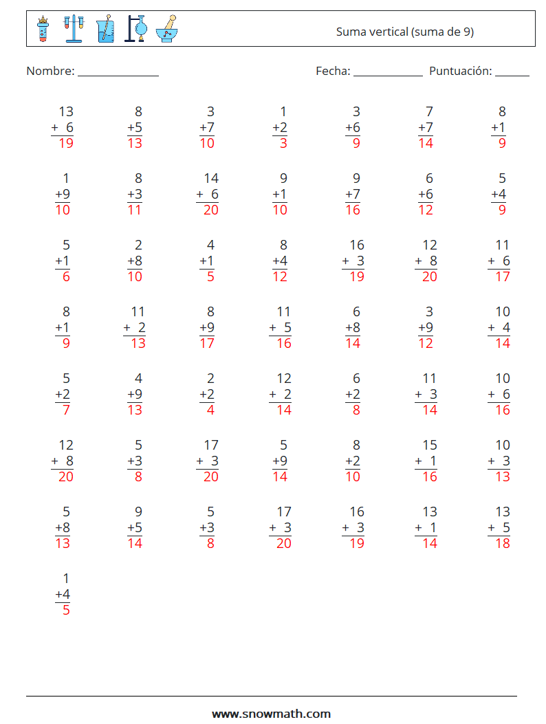 (50) Suma vertical (suma de 9) Hojas de trabajo de matemáticas 4 Pregunta, respuesta