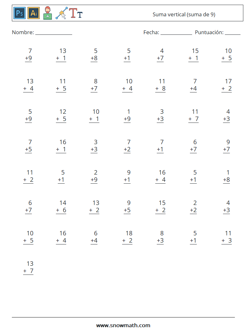 (50) Suma vertical (suma de 9) Hojas de trabajo de matemáticas 6