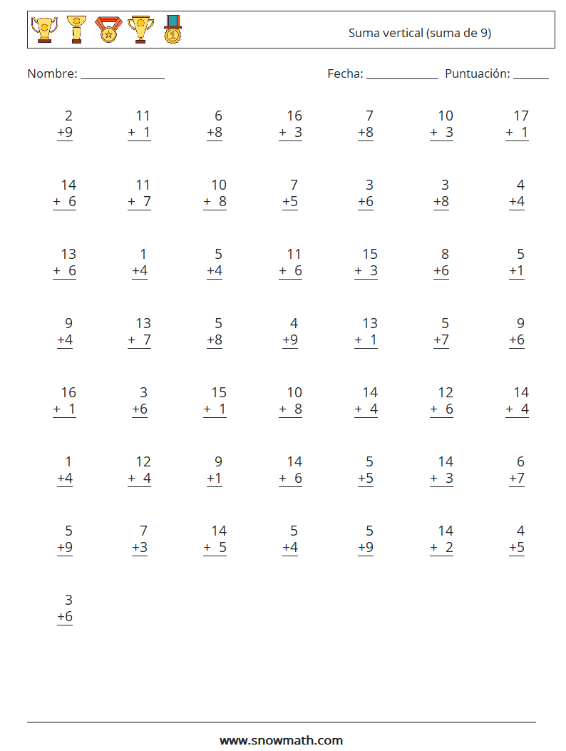 (50) Suma vertical (suma de 9) Hojas de trabajo de matemáticas 8