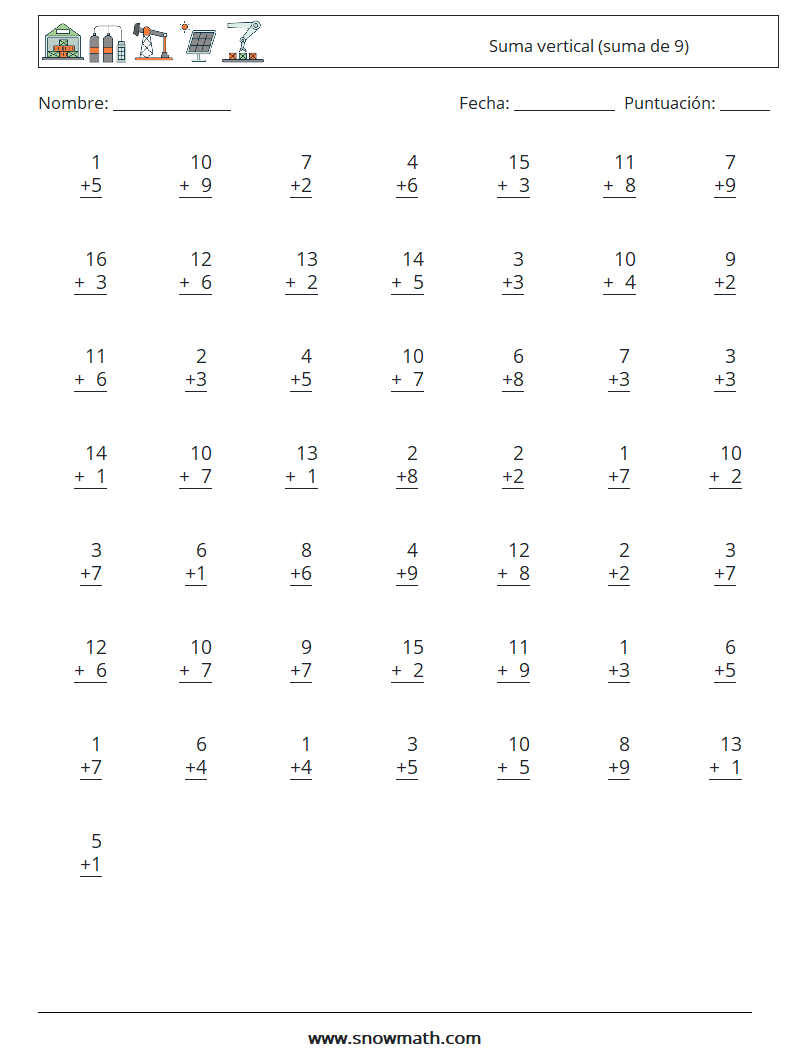 (50) Suma vertical (suma de 9) Hojas de trabajo de matemáticas 9