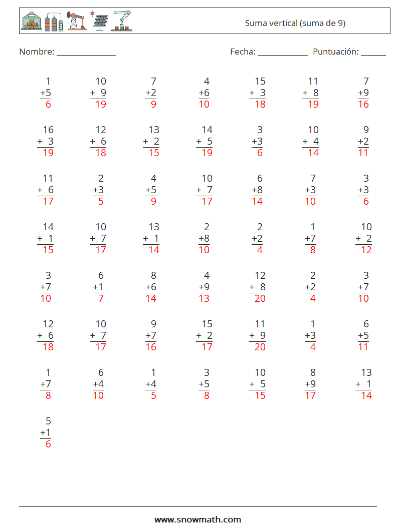 (50) Suma vertical (suma de 9) Hojas de trabajo de matemáticas 9 Pregunta, respuesta