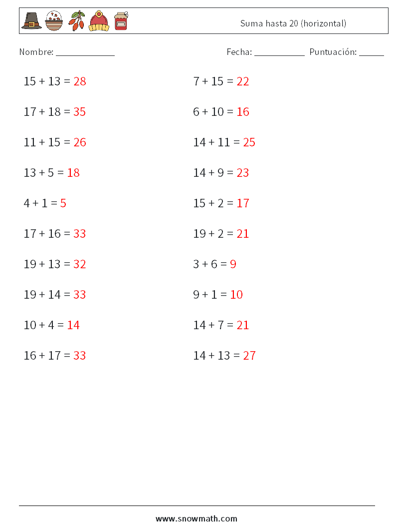 (20) Suma hasta 20 (horizontal) Hojas de trabajo de matemáticas 1 Pregunta, respuesta