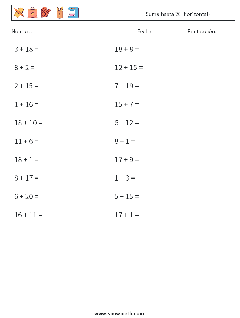 (20) Suma hasta 20 (horizontal) Hojas de trabajo de matemáticas 2