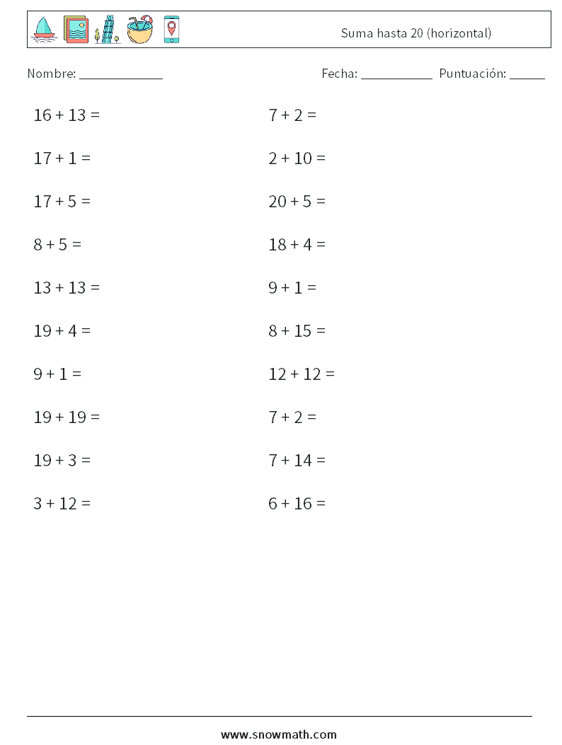 (20) Suma hasta 20 (horizontal) Hojas de trabajo de matemáticas 3