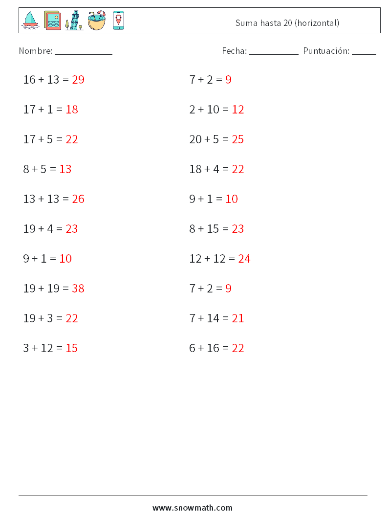 (20) Suma hasta 20 (horizontal) Hojas de trabajo de matemáticas 3 Pregunta, respuesta
