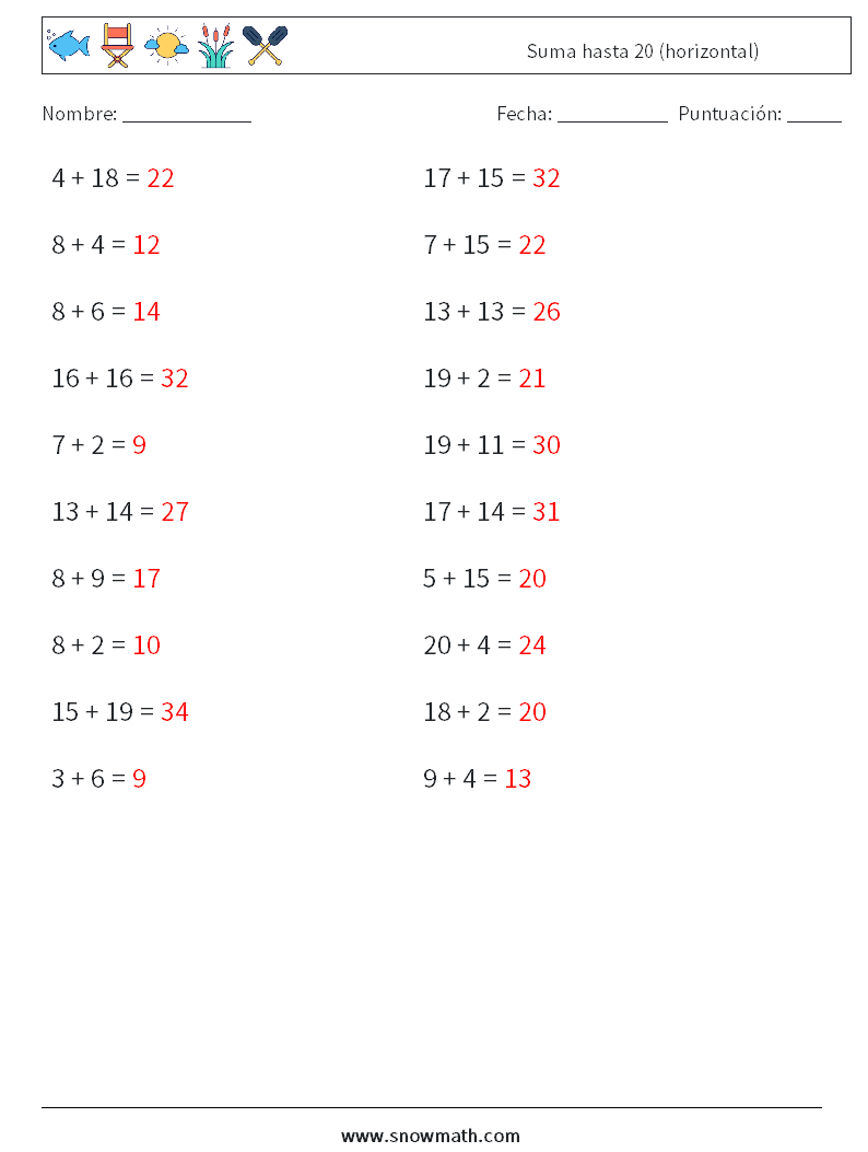 (20) Suma hasta 20 (horizontal) Hojas de trabajo de matemáticas 4 Pregunta, respuesta