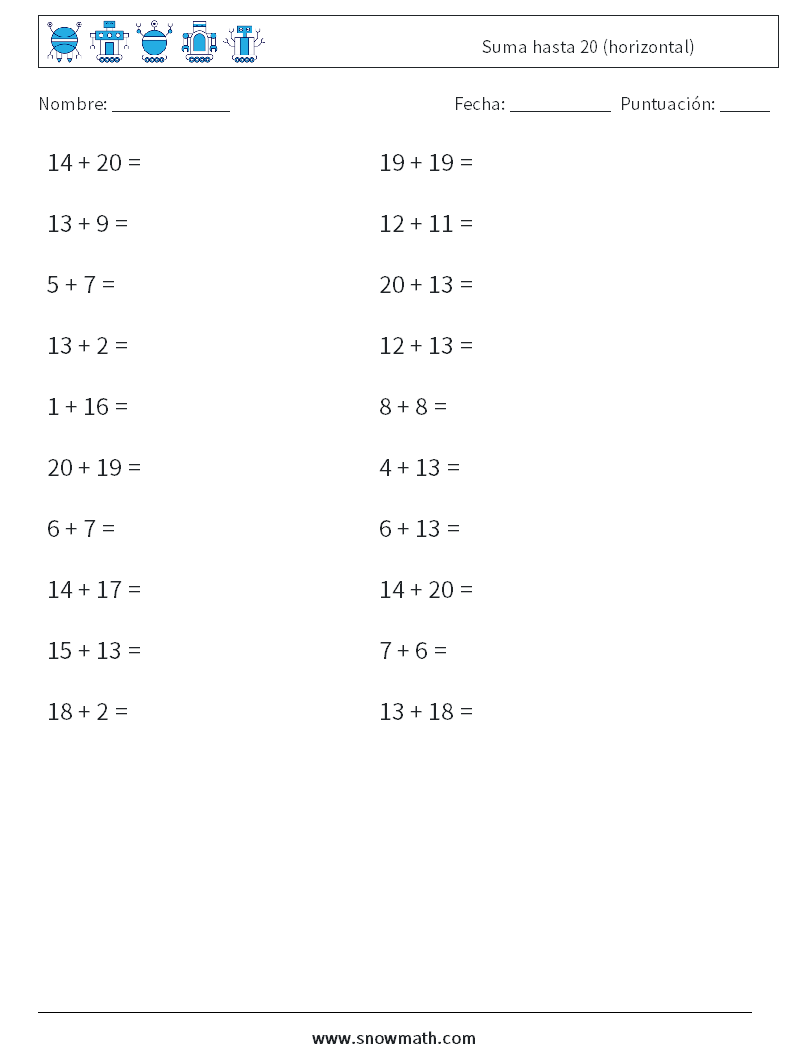 (20) Suma hasta 20 (horizontal) Hojas de trabajo de matemáticas 5