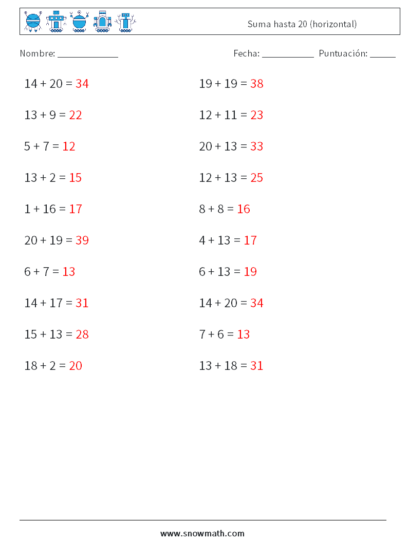 (20) Suma hasta 20 (horizontal) Hojas de trabajo de matemáticas 5 Pregunta, respuesta