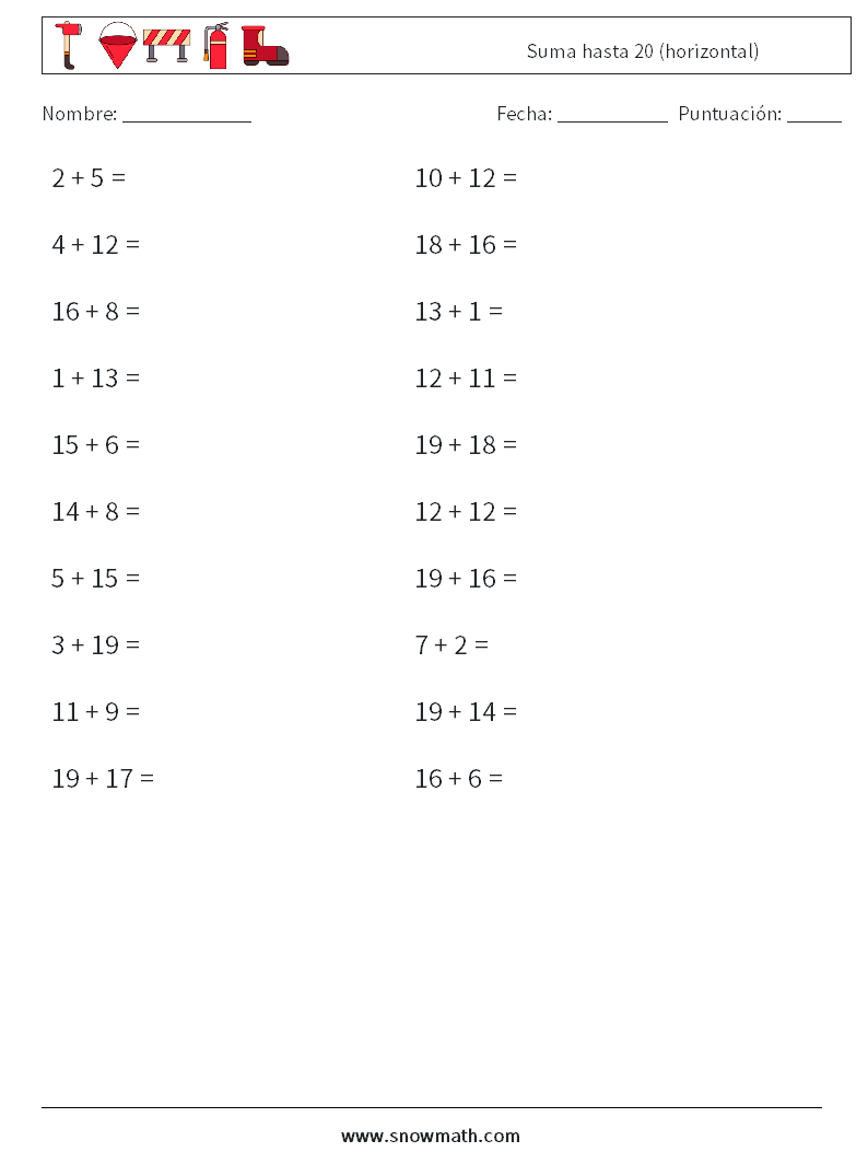 (20) Suma hasta 20 (horizontal) Hojas de trabajo de matemáticas 6